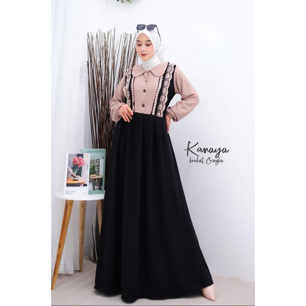 [COD] Kanaya Dress | gamis cringkle variasi renda Gamis Best Seller