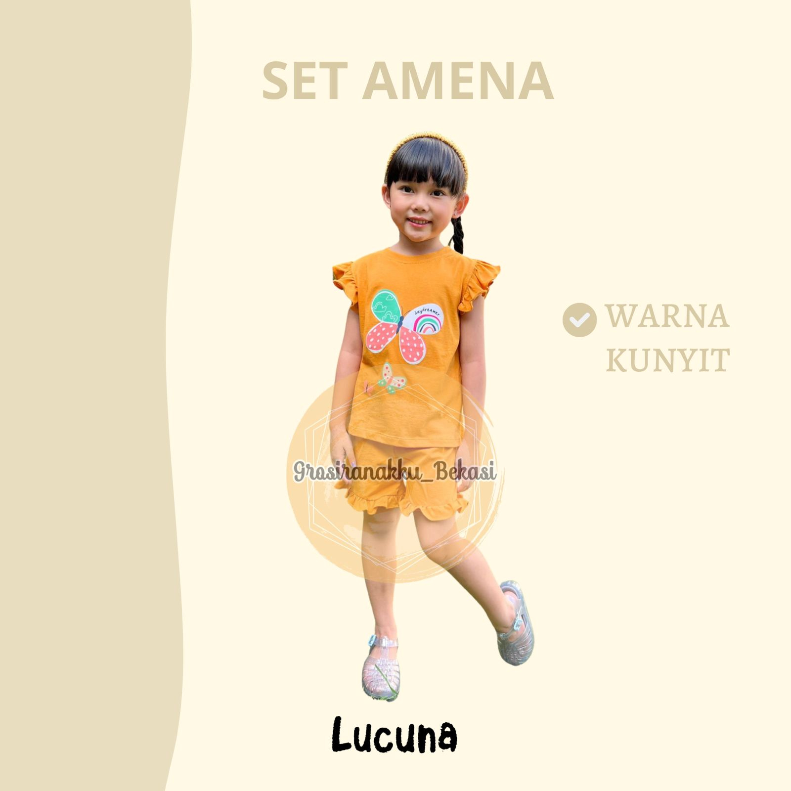 Setelan Anak Cewek Amena Lucuna Warna Kunyit Size 1-5 Thn