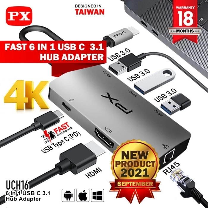 USB Hub Type C Converter Laptop Macbook to HDMI LAN RJ45 6in1 PX UCH16