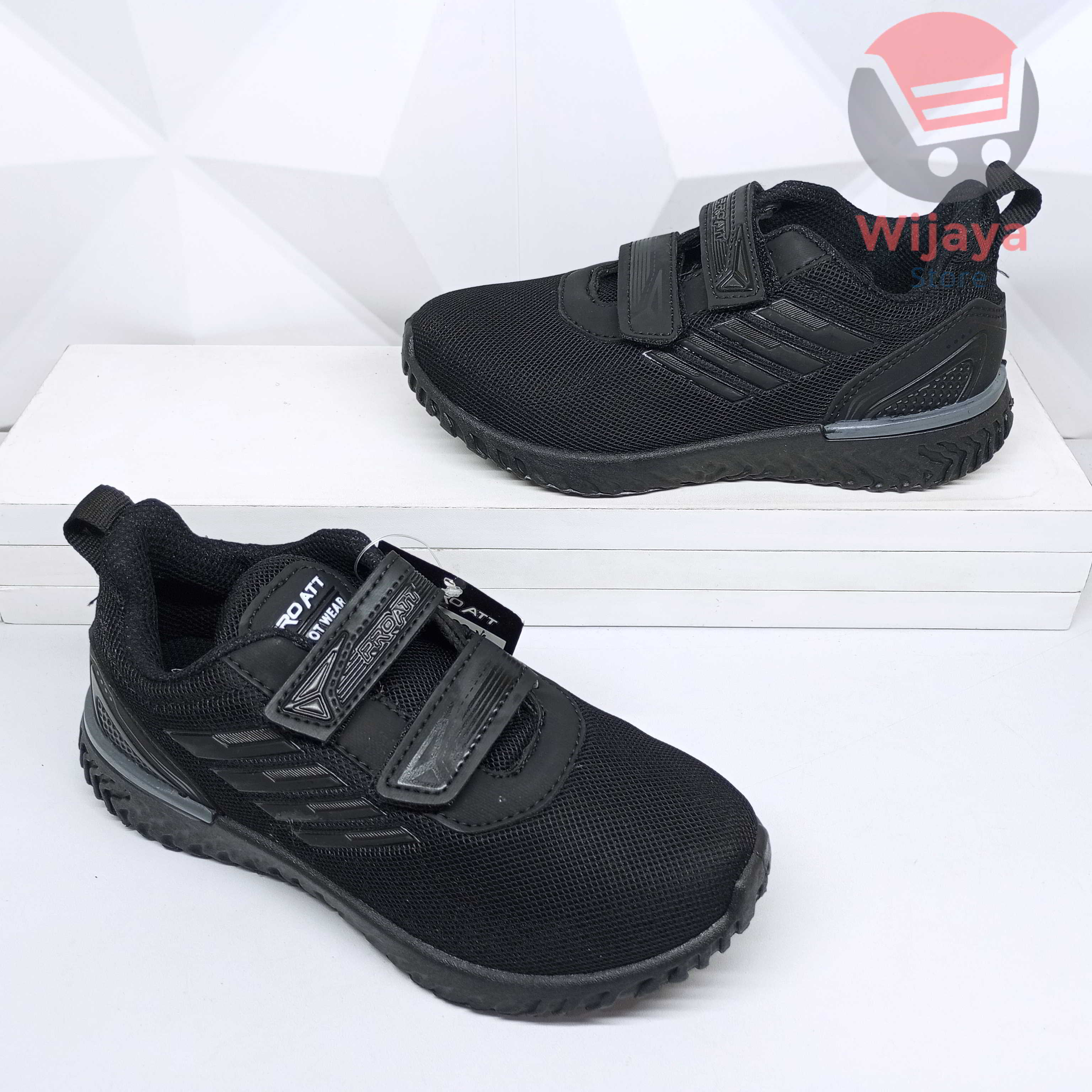 Sepatu Sekolah Pro Att 31-34 Sneaker Anak Hitam Polos Putih dengan Strap Velcro yang Praktis PI 600 TEC 890 PC 950 NT 592 PA 700