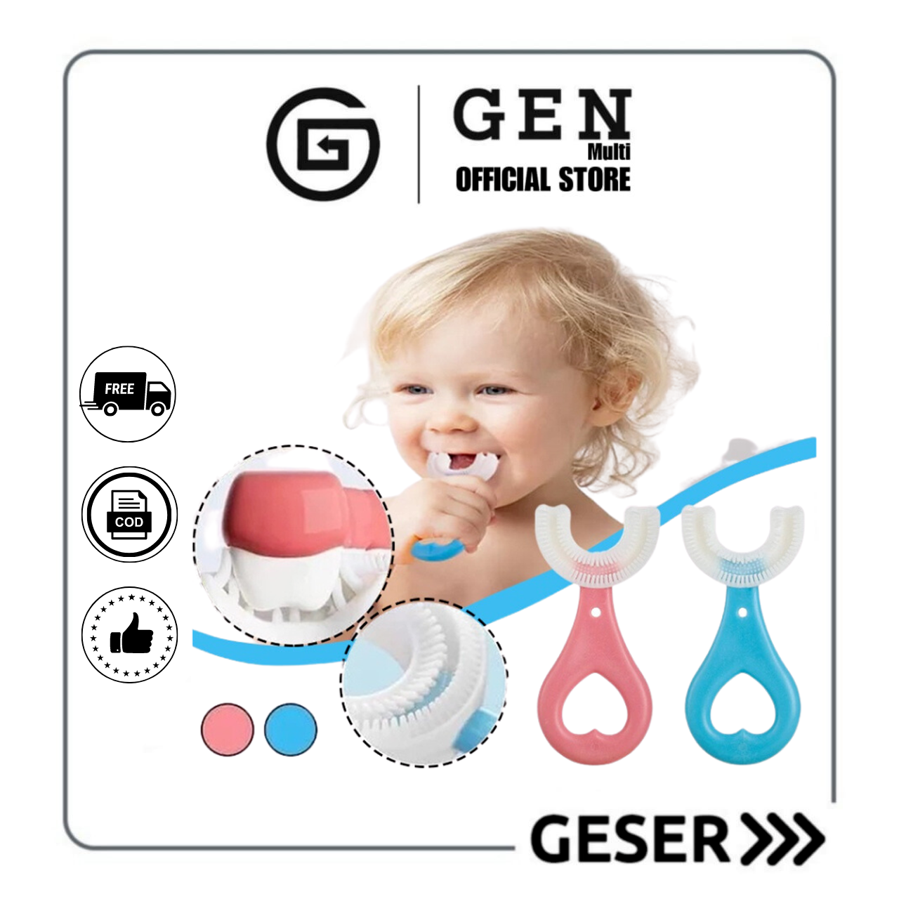 GEN - Sikat Gigi Anak Bentuk U Shape Bahan Silikon Usia 2-6 Tahun / Sikat Gigi Bayi Balita / Training Toothbrush Baby Silicone 360°