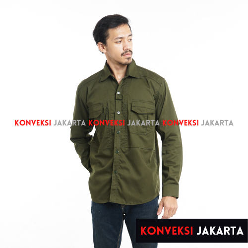 Baju Kemeja Tactical Lengan Panjang Pria - Seragam Pakaian Kerja Dinas Lapangan Outdoor Gunung Warna Hijau Army - Konveksi Jakarta Official