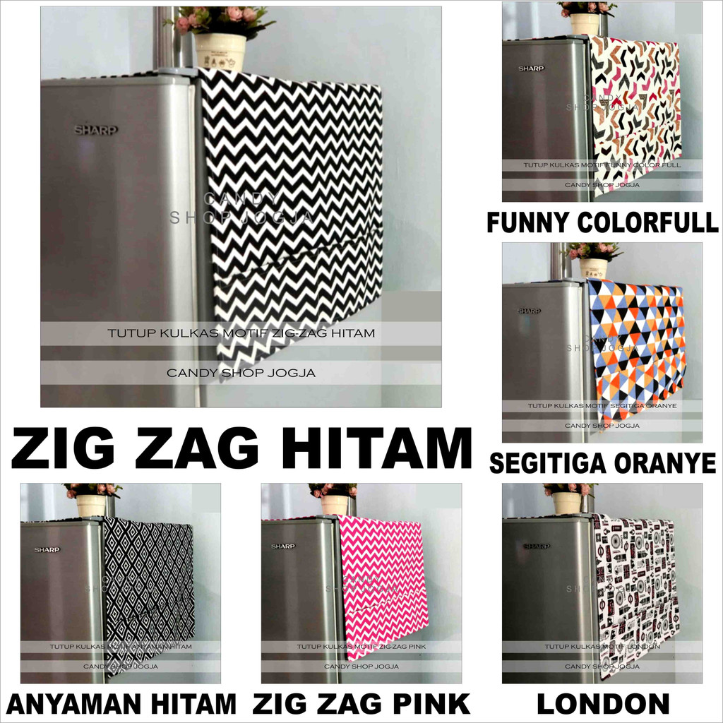 SARUNG KULKAS / COVER KULKAS KANVAS / TAPLAK LEMARI ES 2 PINTU - MOTIF ZIG ZAG HITAM
