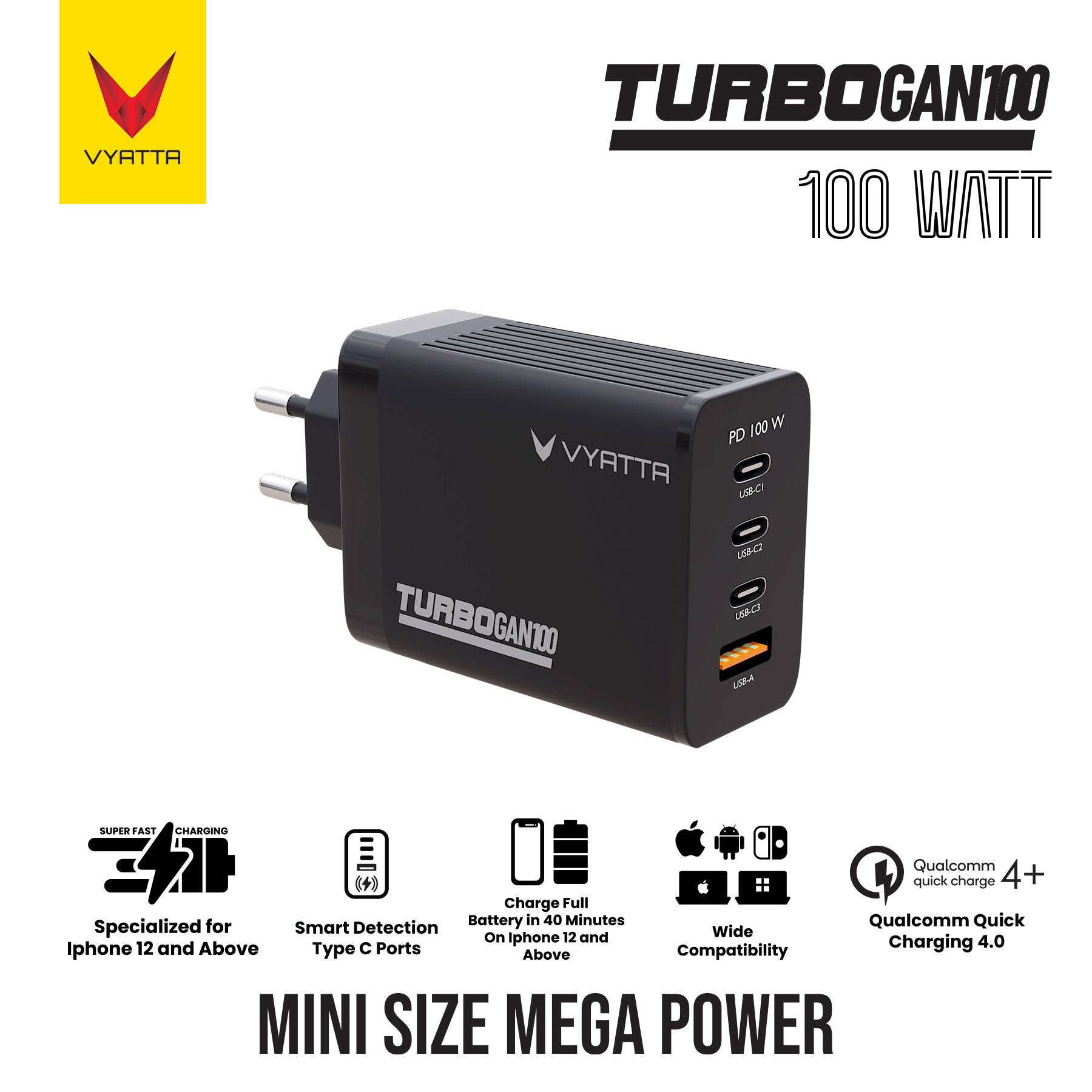 VYATTA TURBO GAN 100W FAST CHARGER PD TYPE C IPHONE MAC IPAD LAPTOP SAMSUNG NINTENDO SWITCH