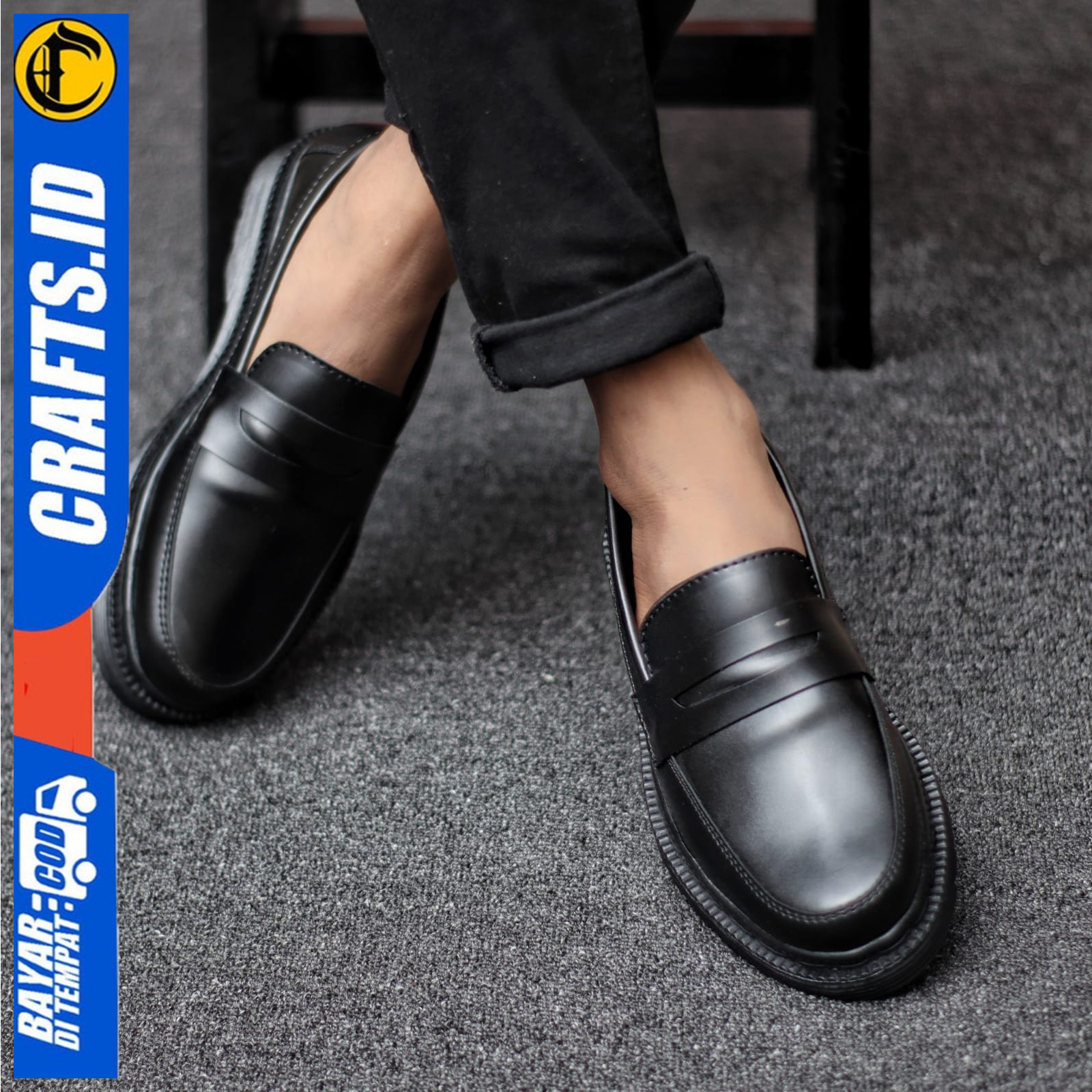 Sepatu Docmart Formal Pantofel Kerja Pria Hitam Kulit PU Crafs Polis