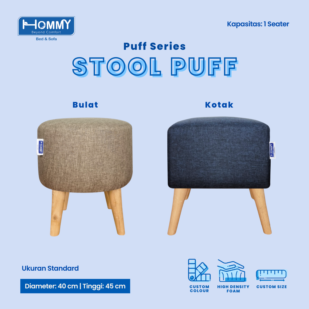HOMMY Sofa Puff | Stool kaki kayu Minimalis | Kotak & Bulat