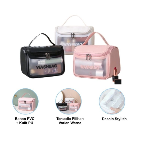 Tas Kosmetik WASHBAG Bahan PVC Kulit PU Waterproof Transparant Pouch Travel Organizer Muat Banyak/Pouch Wanita