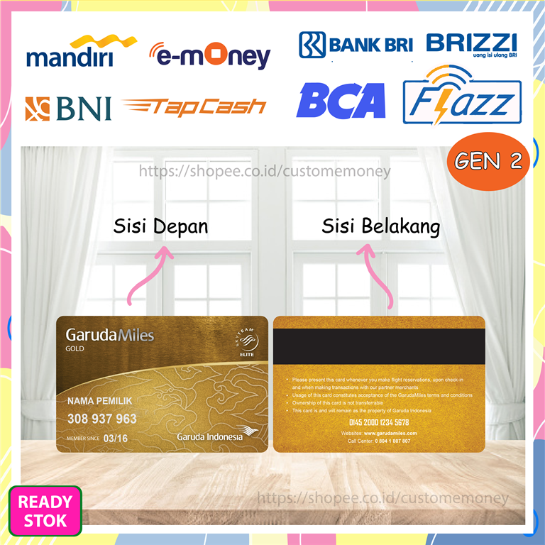 KARTU EMONEY DESIGN KARTU GARUDA MILES GOLD KEREN ETOLL E-MONEY MANDIRI FLAZZ GEN 2 TAPCASH BRIZZI - 2 SISI