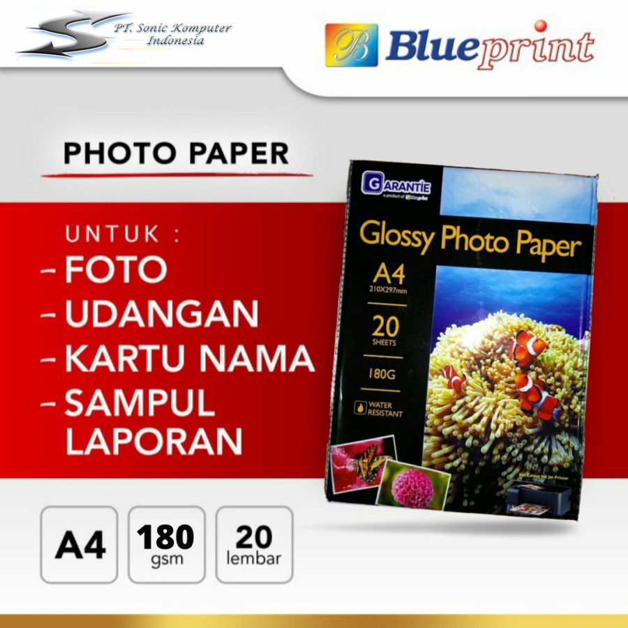 Kertas Foto Glossy A4 GARANTIE 180 gsm Blueprint