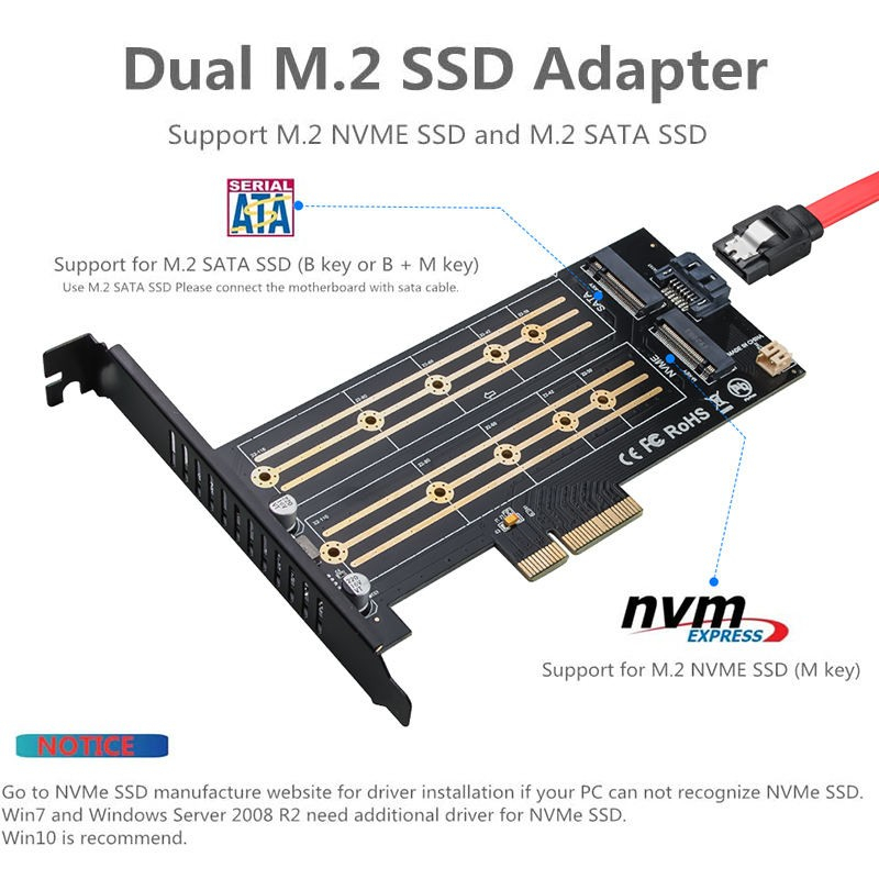 SSD M2 NVME SATA to Dual PCIE FIDECO Adapter Expansion Card PCIE x4 x8 x16