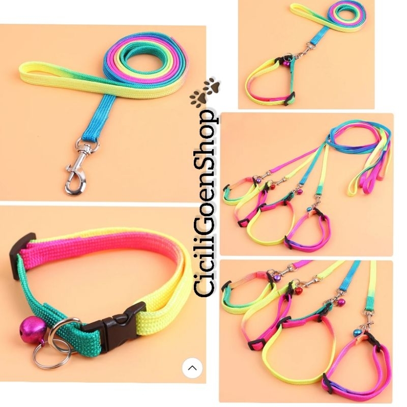 Kalung rainbow 1cm wrn sembur dg lonceng aksesoris collar kucing anjing kelinci murah simpel cantik