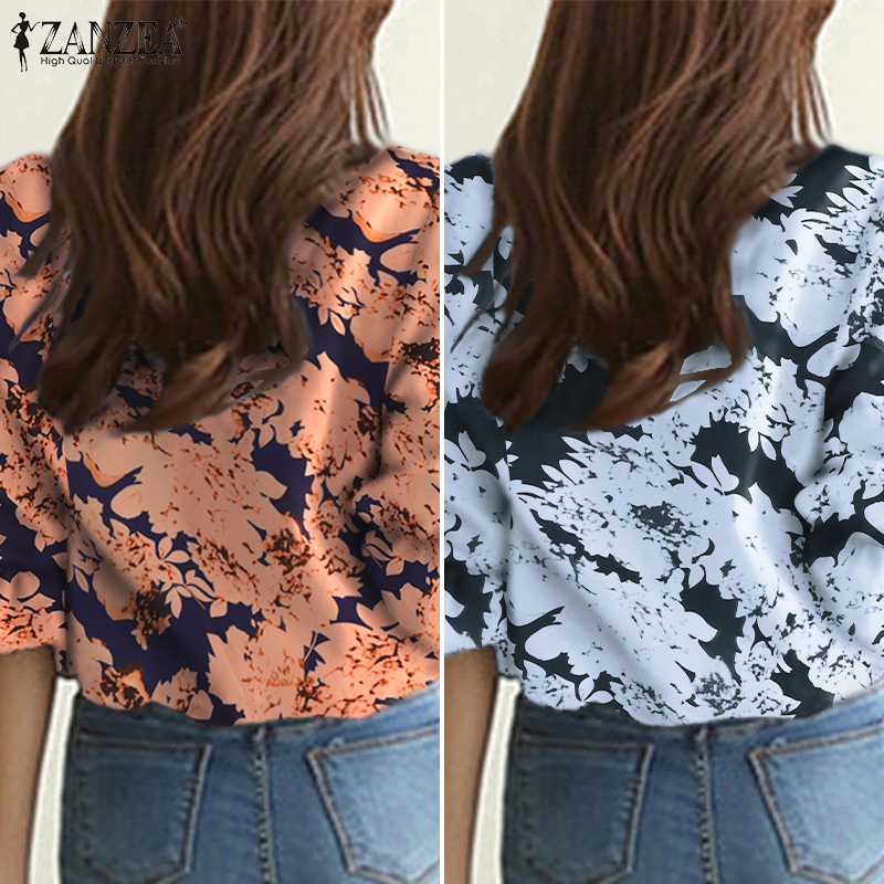 ZANZEA Women Korea Holiday Daily Floral Print Lotus Leaf 3/4  Sleeve Round Neck Blouse