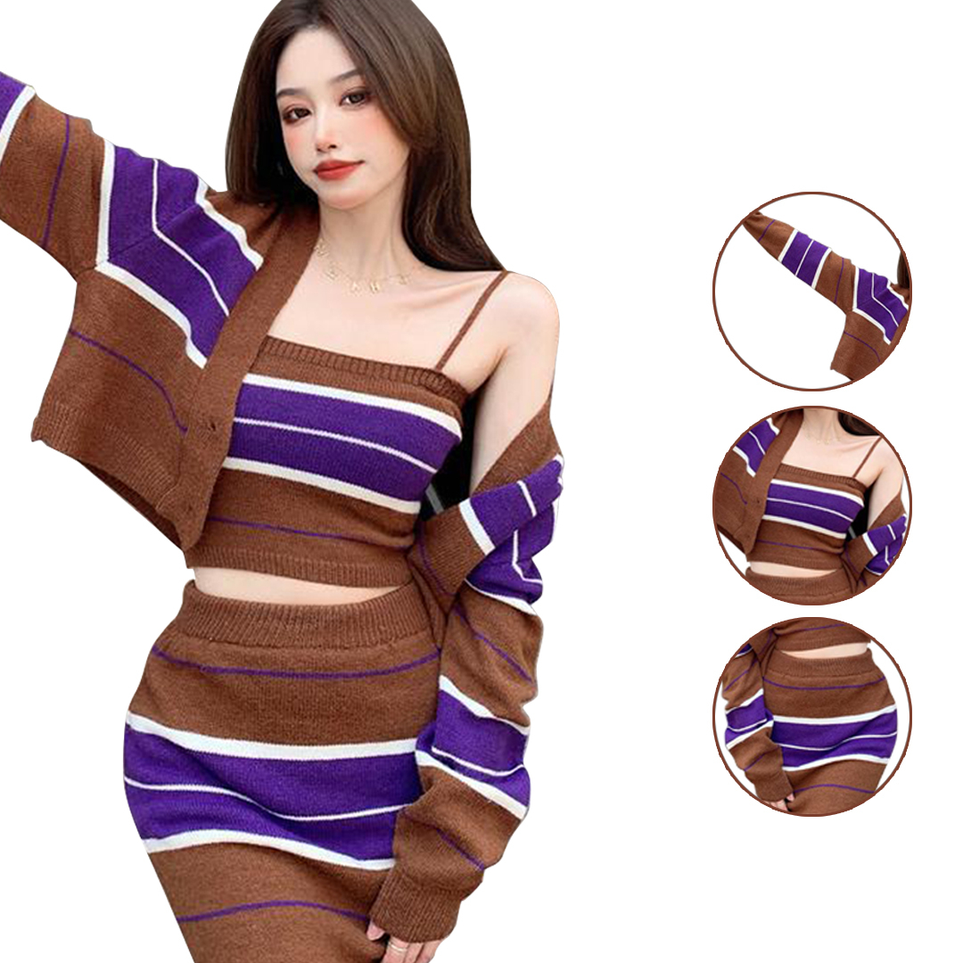 Setelan Wanita Korean All Size/Set Wanita Cardigan Inner + Rok Garis 3In1 Oversized - YOYOSOO