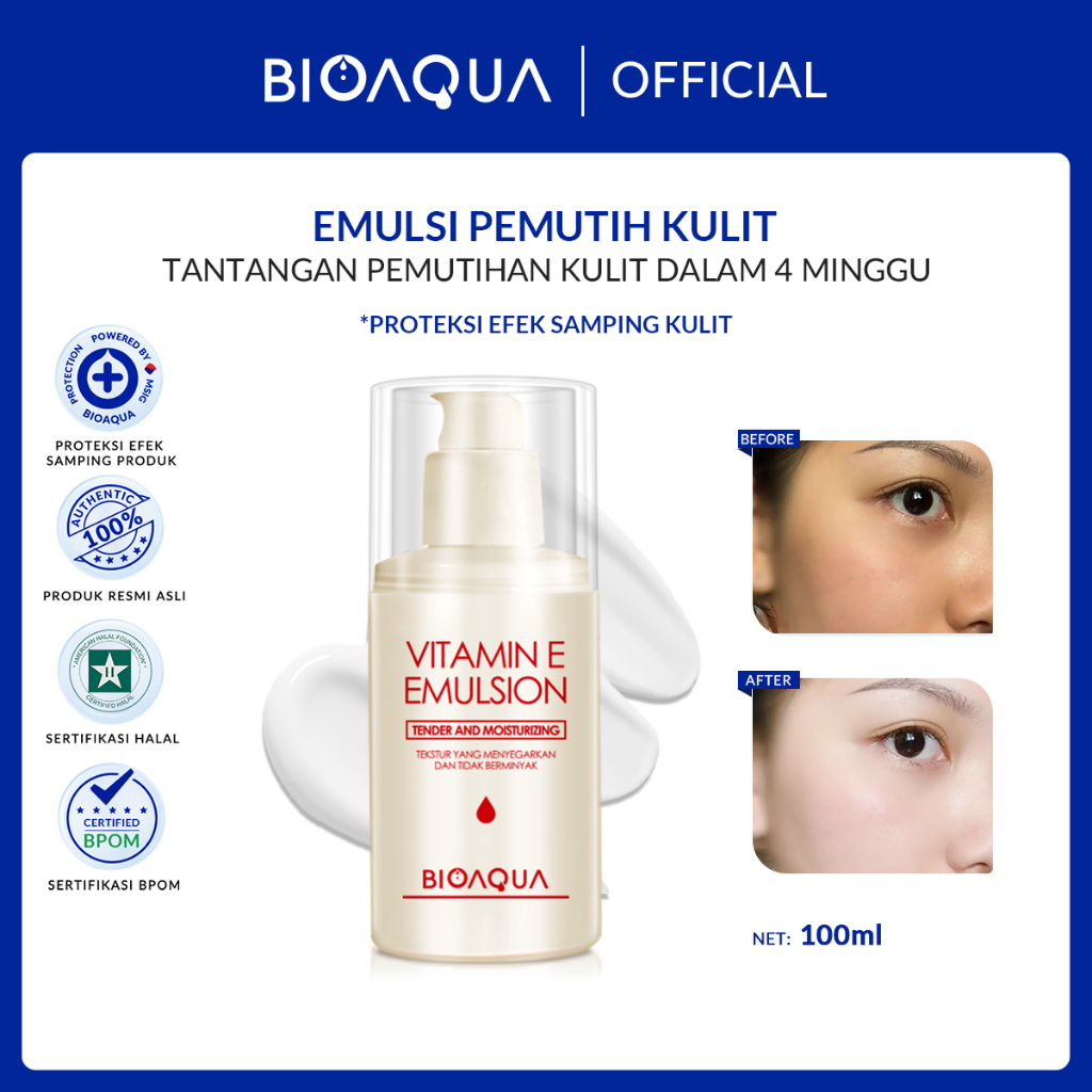 BIOAQUA Vitamin E Emulsion Indonesia / 100ml / Tender And Moisturizing / Tekstur Yang Menyegarkan Dan Tidak Berminyak / Emulsi Pencerah Kulit Dalam 4 Minggu / Brightening Mencerahkan / Skincare Face Body Care Lotion / Treatment Perawatan Wajah Badan Tubuh