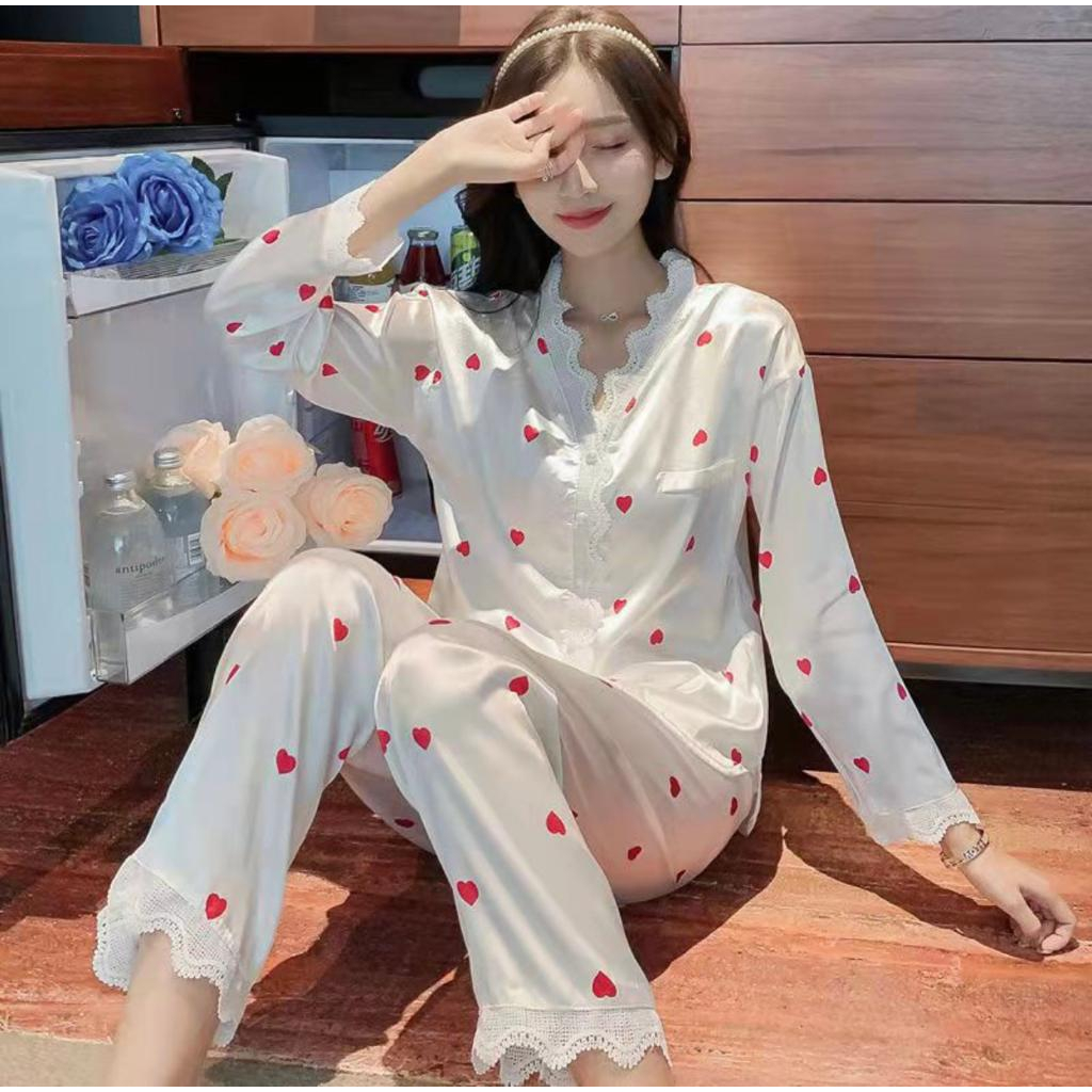 006 Luxury Piyama Satin Lengan Panjang Celana Panjang Kerah Bunga Kancing Hidup Diamond Bahan Satin High Quality Piyama Import/ Baju Tidur Import / Baju Tidur Murah / Piyama Set / piyama wanita /Piyama Satin/Baju Tidur Set