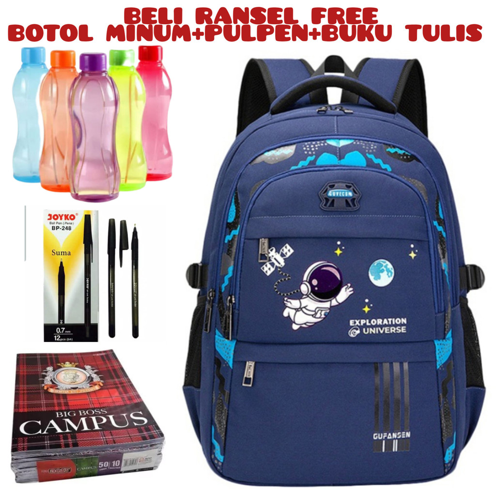 JS_ Beli 1 dapat 4-Ransel Anak-anak Tas Sekolah Anak-anak Untuk Anak Laki-laki Dan Perempuan Ransel Sekolah Ortopedi Tahan Air Tas Sekolah Dasar Beli Ransel Free Botol Minum+Pulpen+Buku Tulis