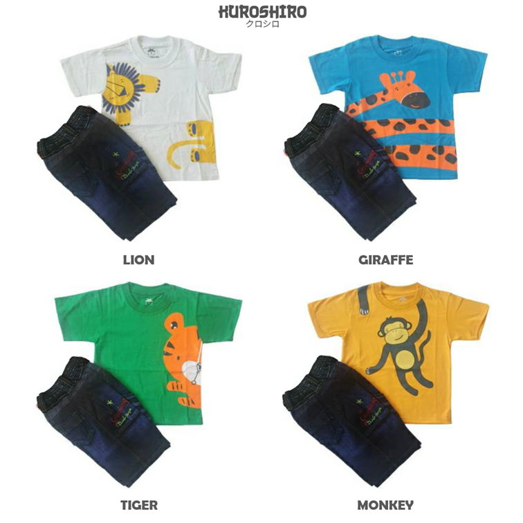 KUROSHIRO - Setelan Baju Anak Laki Laki 1-9 Tahun Jeans Zoo Kaos Kuroshiro