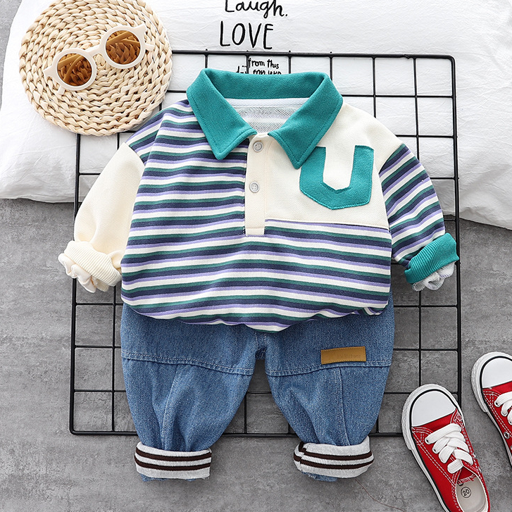 Setelan Anak Laki Laki Pakaian Set 2pcs CASP1AN Kaos Polo Lengan Panjang dan Celana Jeans Panjang Anak  Import