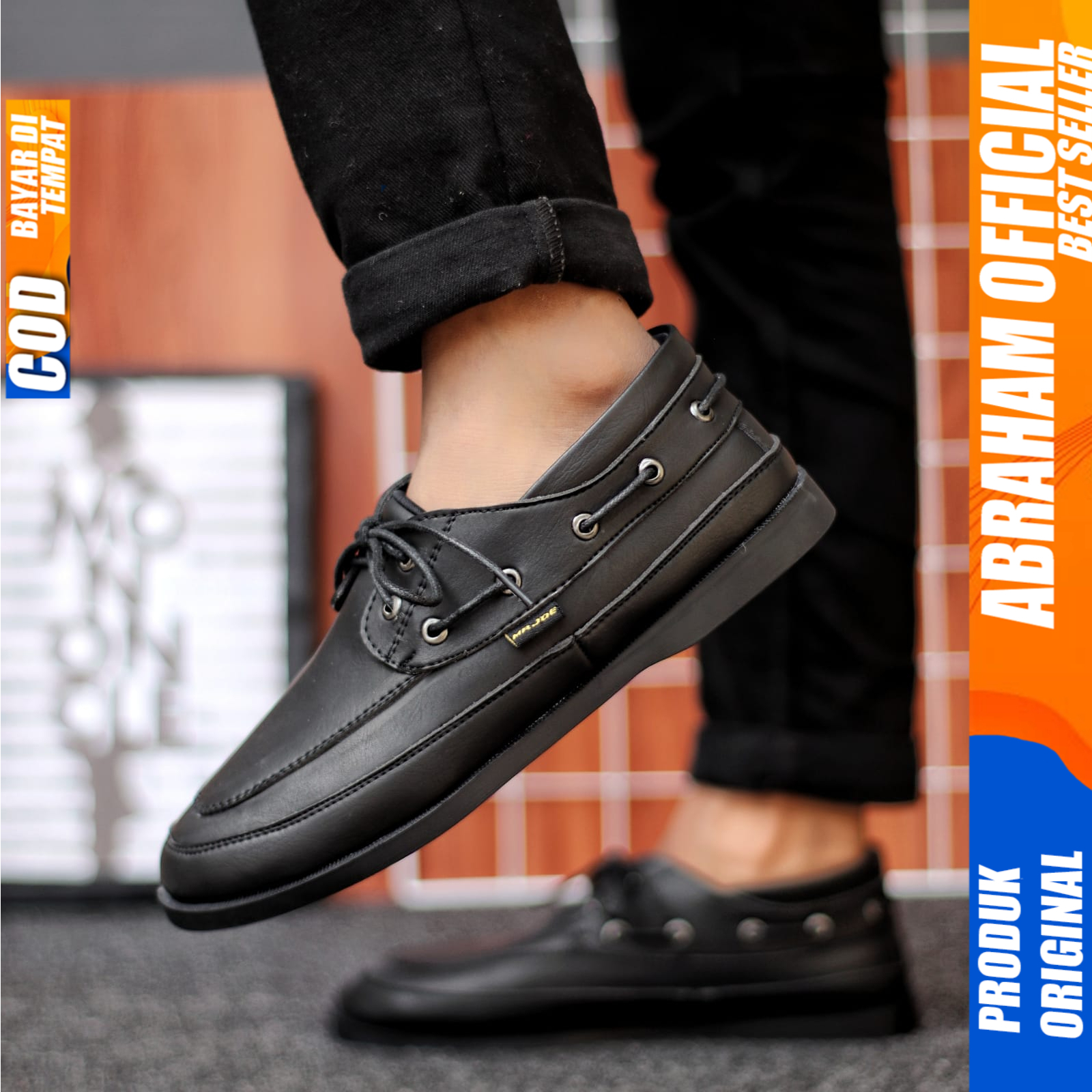 Sepatu Formal Pantofel Hitam Tali Casual Kulit Pu Kerja Pria Abraham