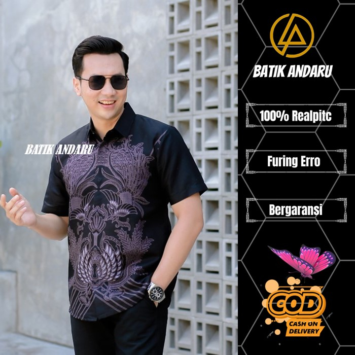 Kemeja Batik Pria Lengan Pendek Slim Fit Warna Hitam Pekat Katun Primisima Solo Full Furing