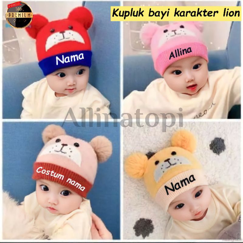 Kupluk Bayi Lucu Karakter Lion Free Bordir Nama Suka Suka/Kupluk Bayi Pom-pom Lucu Motif Lion