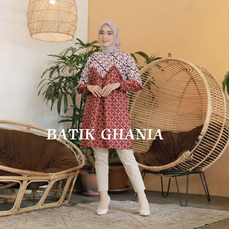 Tunik Batik Wanita Modern Atasan Tunik Terbaru Lengan Panjang Motif PARANGKAWONG