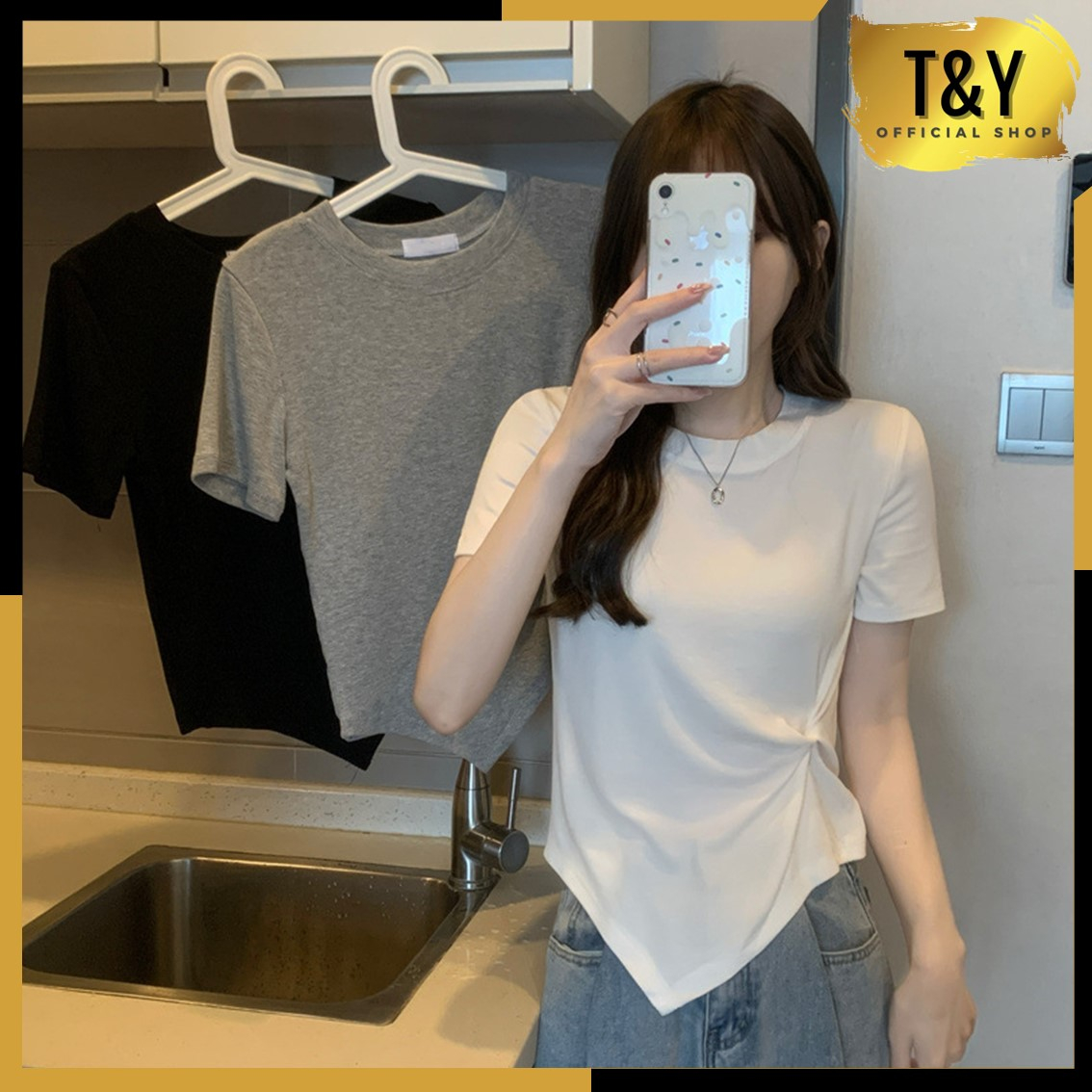 T&amp;Y Kaos Polos Wanita Lengan Pendek 6782 T-Shirt Women Short Sleeve Twisted Atasan Crop Top Wanita Serut Samping Ala Korea Murah Import