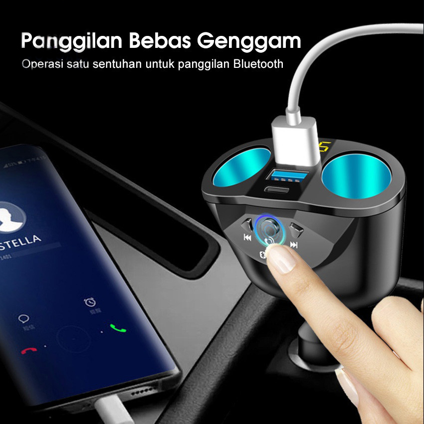 QC3.0 Pengisi Daya Mobil 90W, Pengisian Daya Cepat Dua USB Tipe C 12V 24V Bluetooth 5.0 FM Pemancar Pemutar Musik Adaptor Satu Seret Tiga Ringan dengan Dua Colokan Konversi