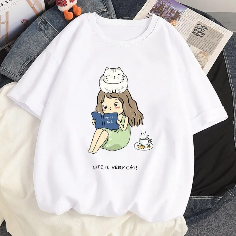 MYSTIQUE.ID-BAJU KAOS LIFE IS VERY CAT T-SHIRT LUCU KEREN DAN AESTETIC