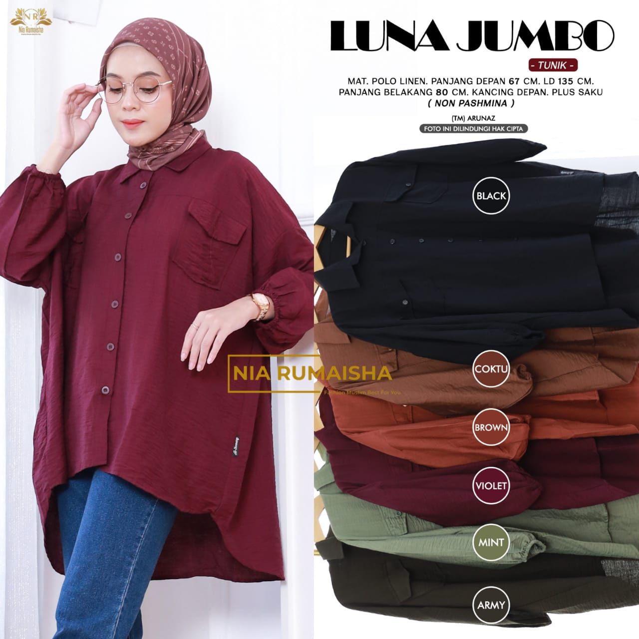 Luna Tunik Jumbo kemeja Blouse Atasan Muslim Wanita Original Produk By Nia Rumaisha