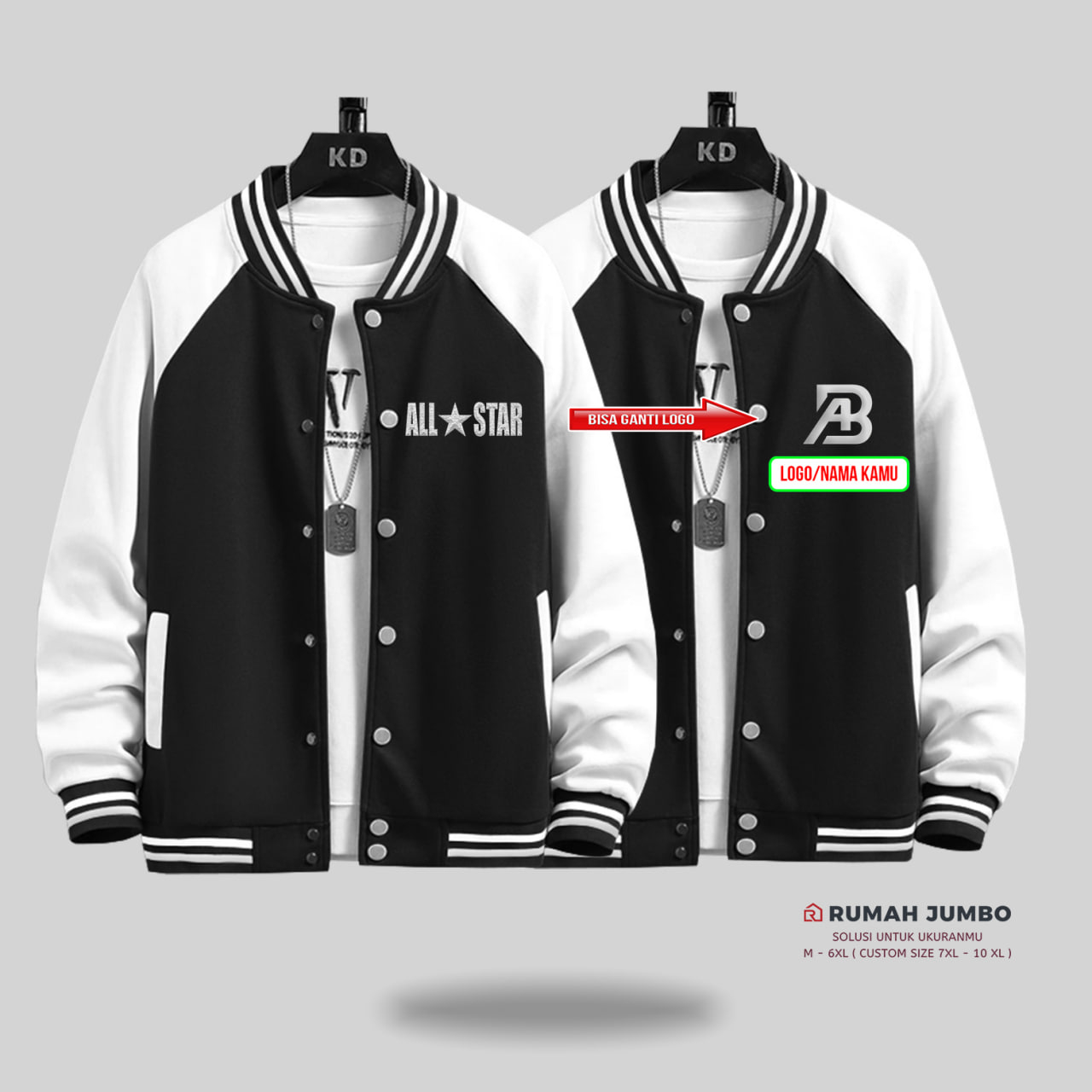 Jaket Bomber Varsity Baseball Alstar Oversize BLACK WHITE (M - 6XL) Jaket Custom