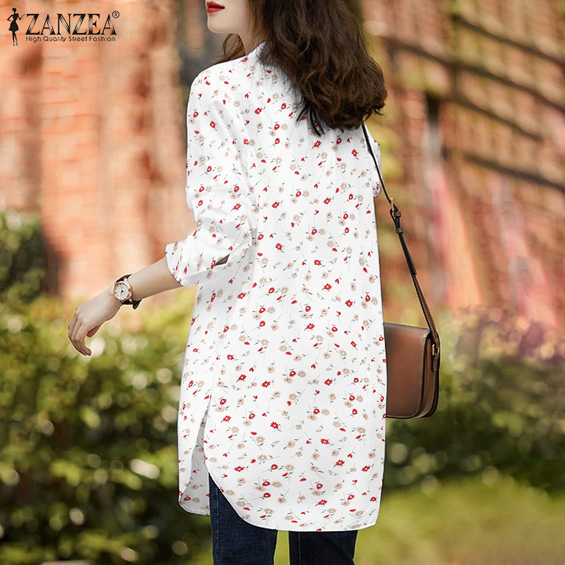 ZANZEA Women O-Neck Button Cuffs Print Long Sleeve Side Slit Casual Blouse