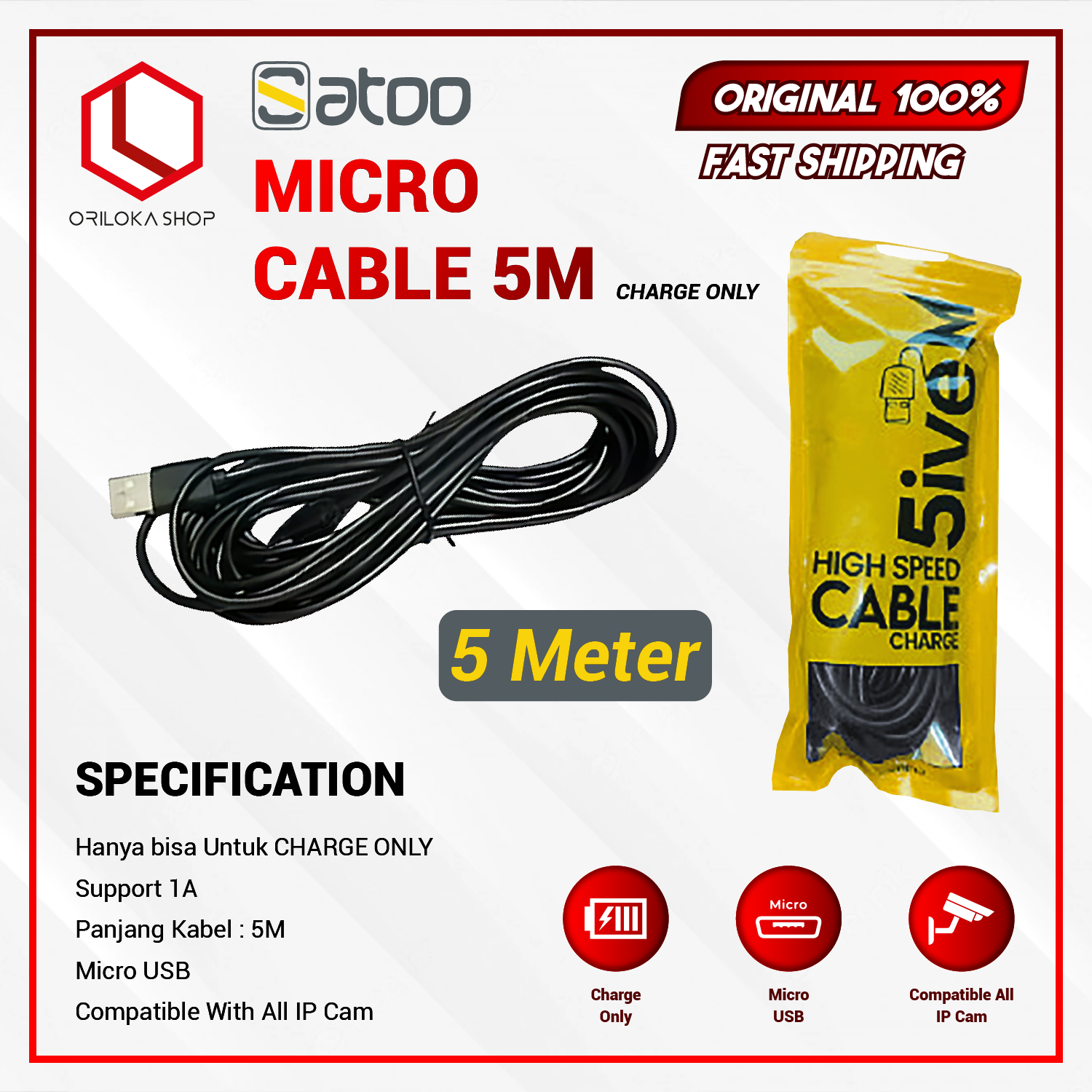 Satoo Kabel Data Micro USB 5 Meter for IP Camera &amp; All USB Devices