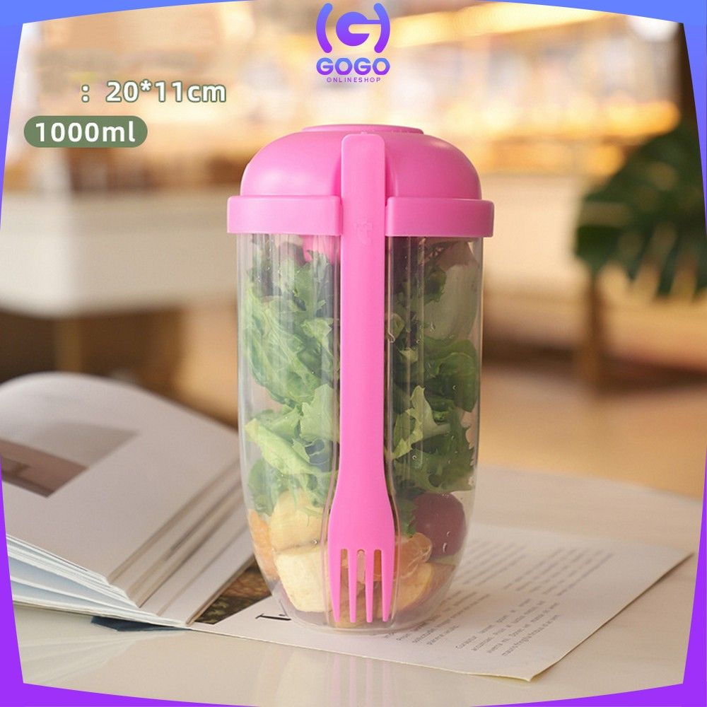 GOGO-C863 Botol Salad 1000ML dengan Sendok Garpu + Botol Saus Kecil Praktis Portable / Tempat Makan Buah Sayur Salad Transparan BPA FREE / Gelas Salad Plastik Import