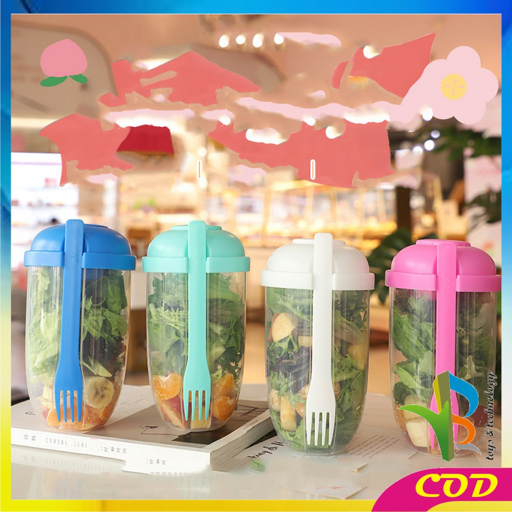 RB-C863 Botol Salad 1000ML dengan Sendok Garpu + Botol Saus Kecil Praktis Portable / Tempat Makan Buah Sayur Salad Transparan BPA FREE / Gelas Salad Plastik Import