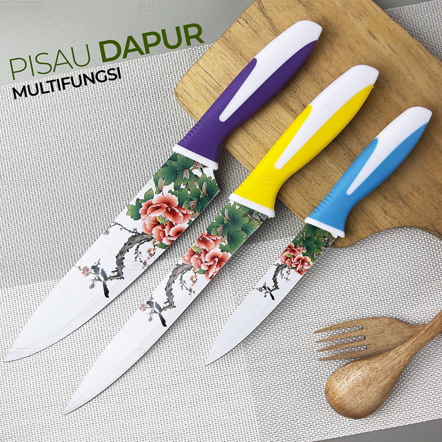 Pisau Set 3in1 Tajam Motif Serbaguna Kitchen Knife Chef Buah Daging Sayur Multifungsi Stainless Dapur Masak