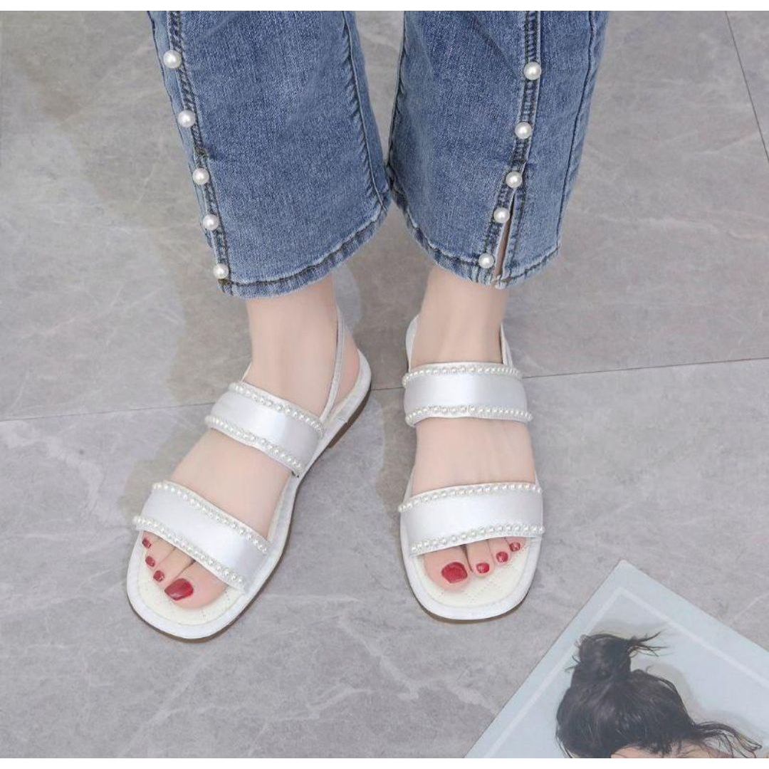 DDXX0166 Sandal Tali Wanita Fashion Import Sendal Flat Dengan Pearl Bisa COD (With Box)