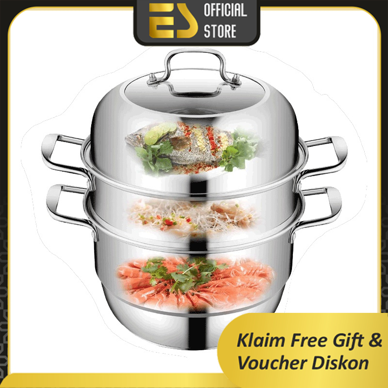 ES Panci Steamer Stainless Steel 3 Susun Panci Serbaguna Panci Kukus Steamer Tingkat Dimsum Kukusan