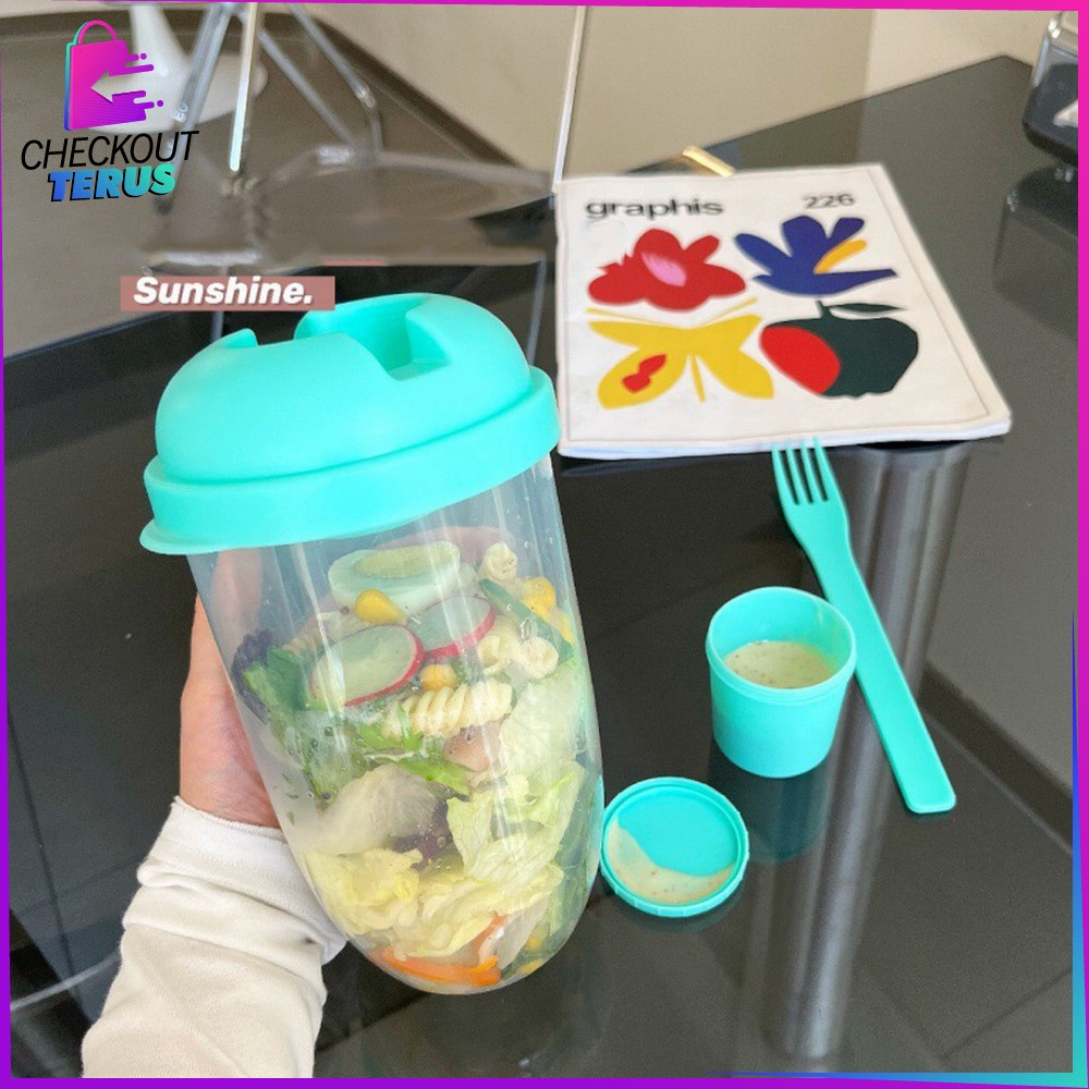 CT C863 Botol Salad 1000ML Transparan BPA FREE dengan Sendok Garpu + Botol Saus Kecil Portable Gelas Salad Plastik Tempat Makan Buah Sayur Salad