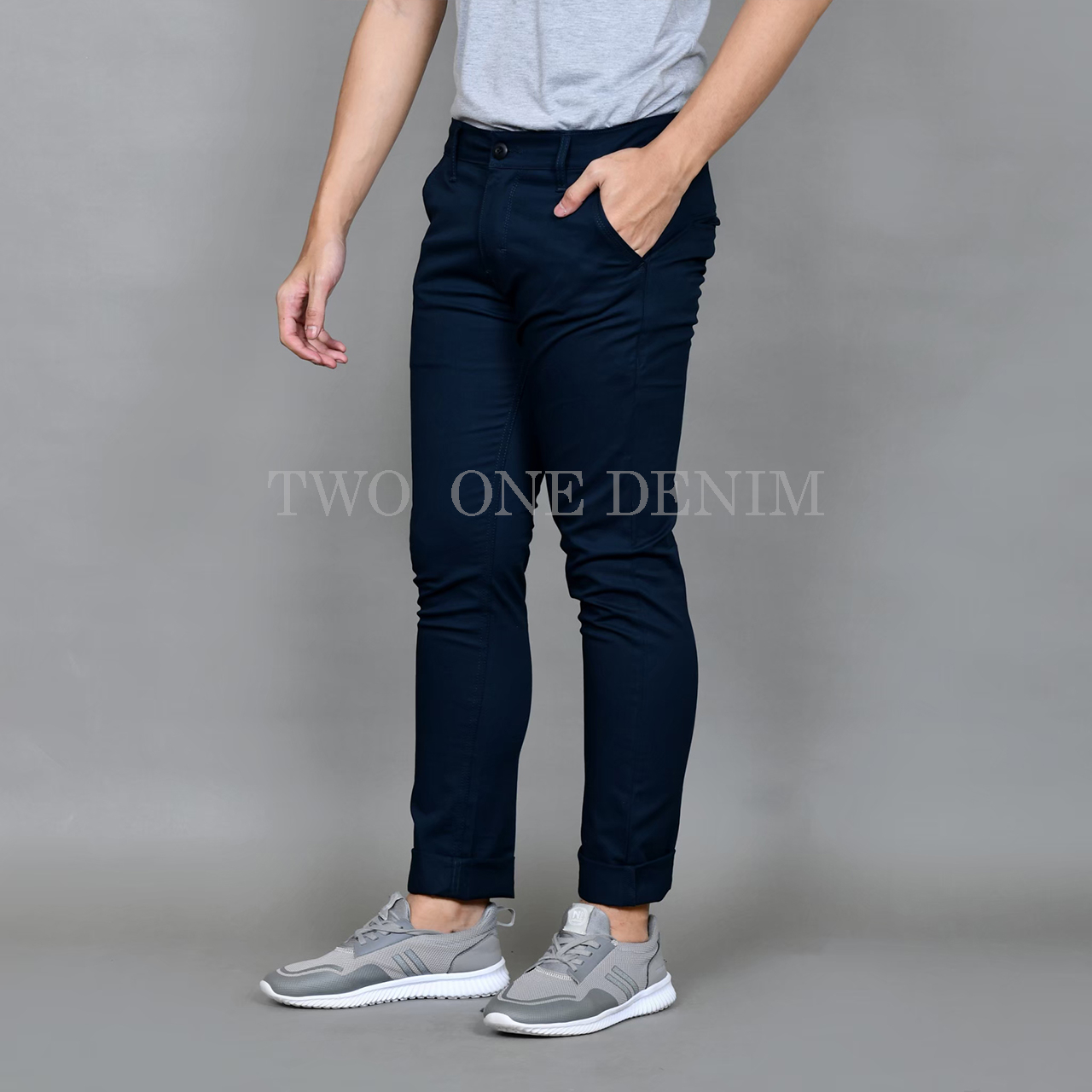 TWO ONE - Celana Chinos Panjang Pria Slim Fit Navy Blue