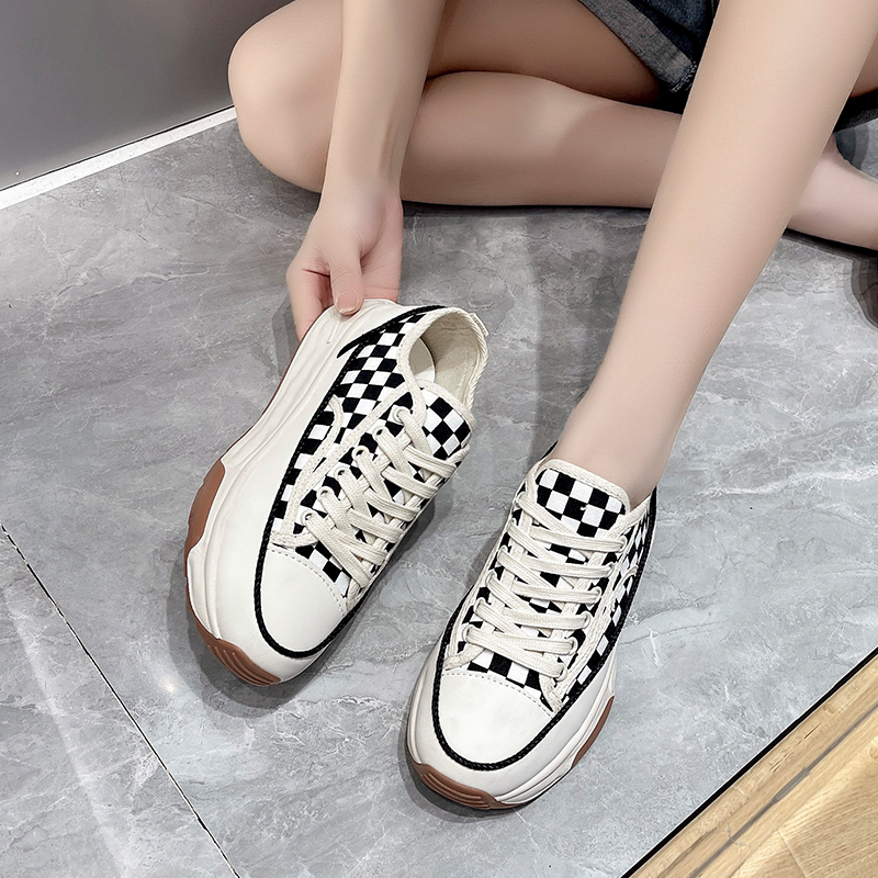 Sepatu Kets Sneakers Putih Wanita Perempuan Cewek Sekolah Korea Kasual Sepatu Olahraga Kanvas Checkerboard Sol Karet Tali Import Murah Casual Fashion White Beige Sport Shoes - Ukuran 35 36 37 38 39 40