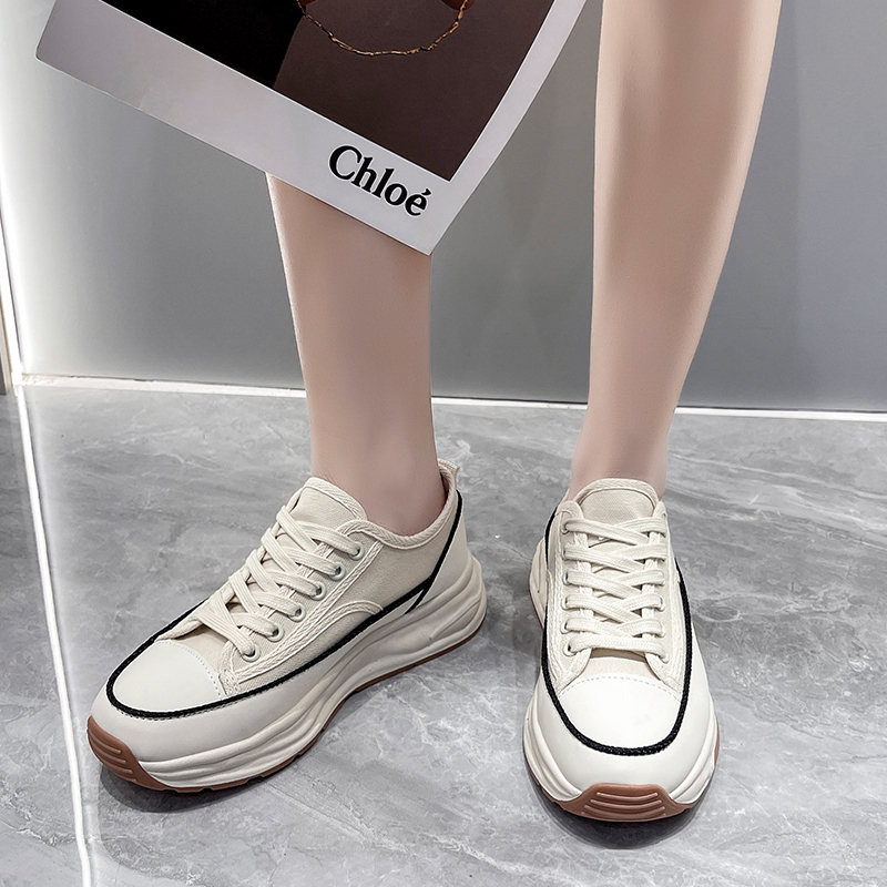 Sepatu Kets Sneakers Putih Wanita Perempuan Sekolah Korea Kasual Sepatu Olahraga Kanvas Checkerboard Sol Karet Tali Import Murah Fashion White Beige Casual Shoes - Ukuran 35 36 37 38 39 40