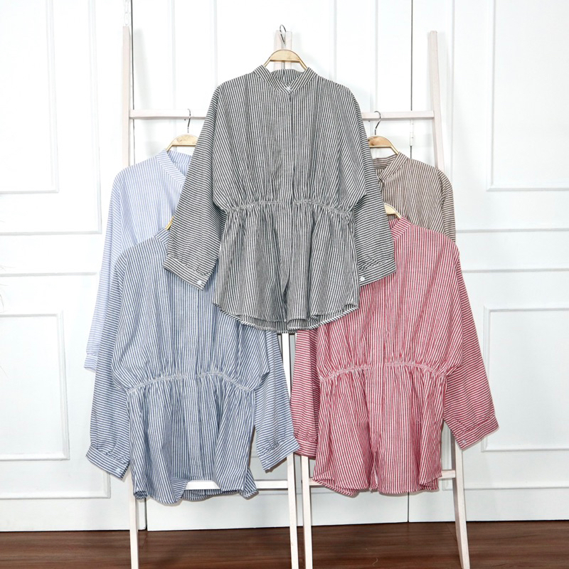 KARA.ID HARUKA Kemeja Kerah Shanghai - Atasan Wanita Salur Lengan Panjang - Stripe Shirt