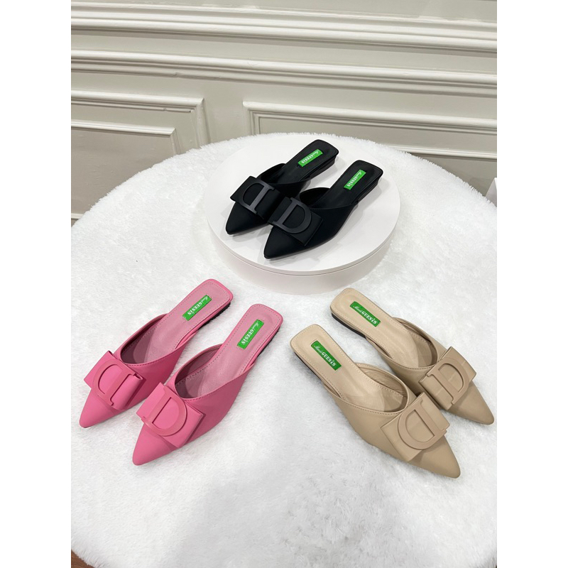 sendal flat shoes wanita terbaru kekinian pesta import premium Maude Guesis bahan kulit tinggi 2 cm