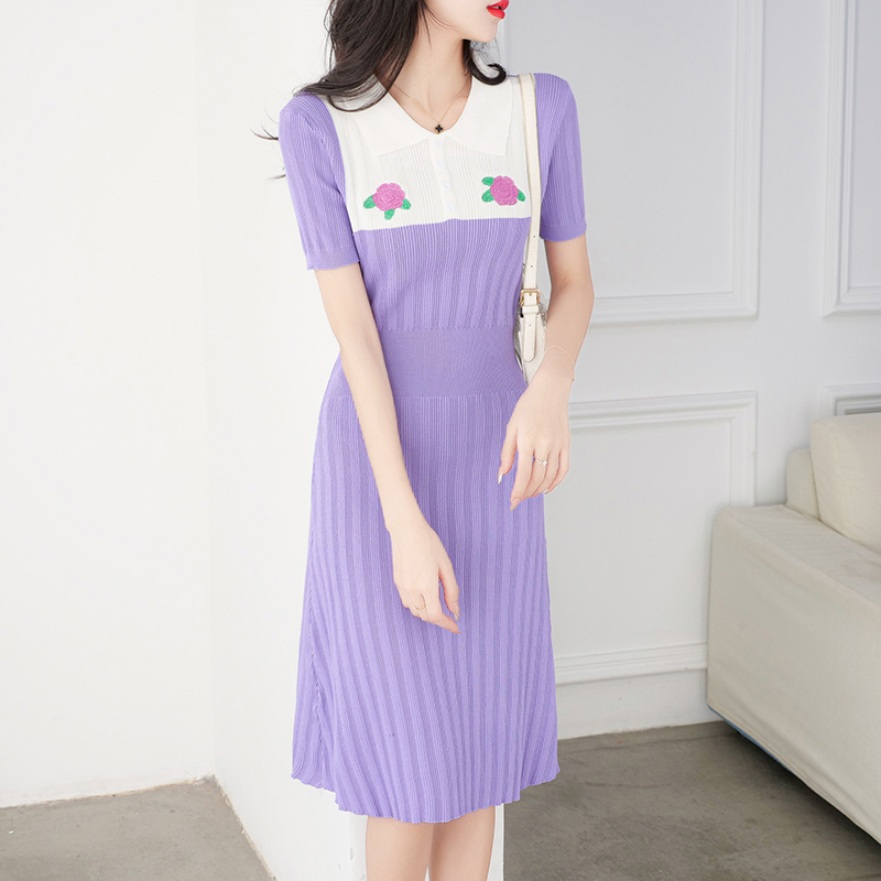 【Elegant】A-Line Elegant Knitted Short O Neck Mid Calf Dress 2098