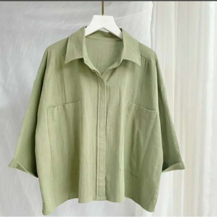 KAMEJA LINEN KOREAAN STYLE OVERSIZE KAMEJA KANTONG ATASAN WANITA LD120