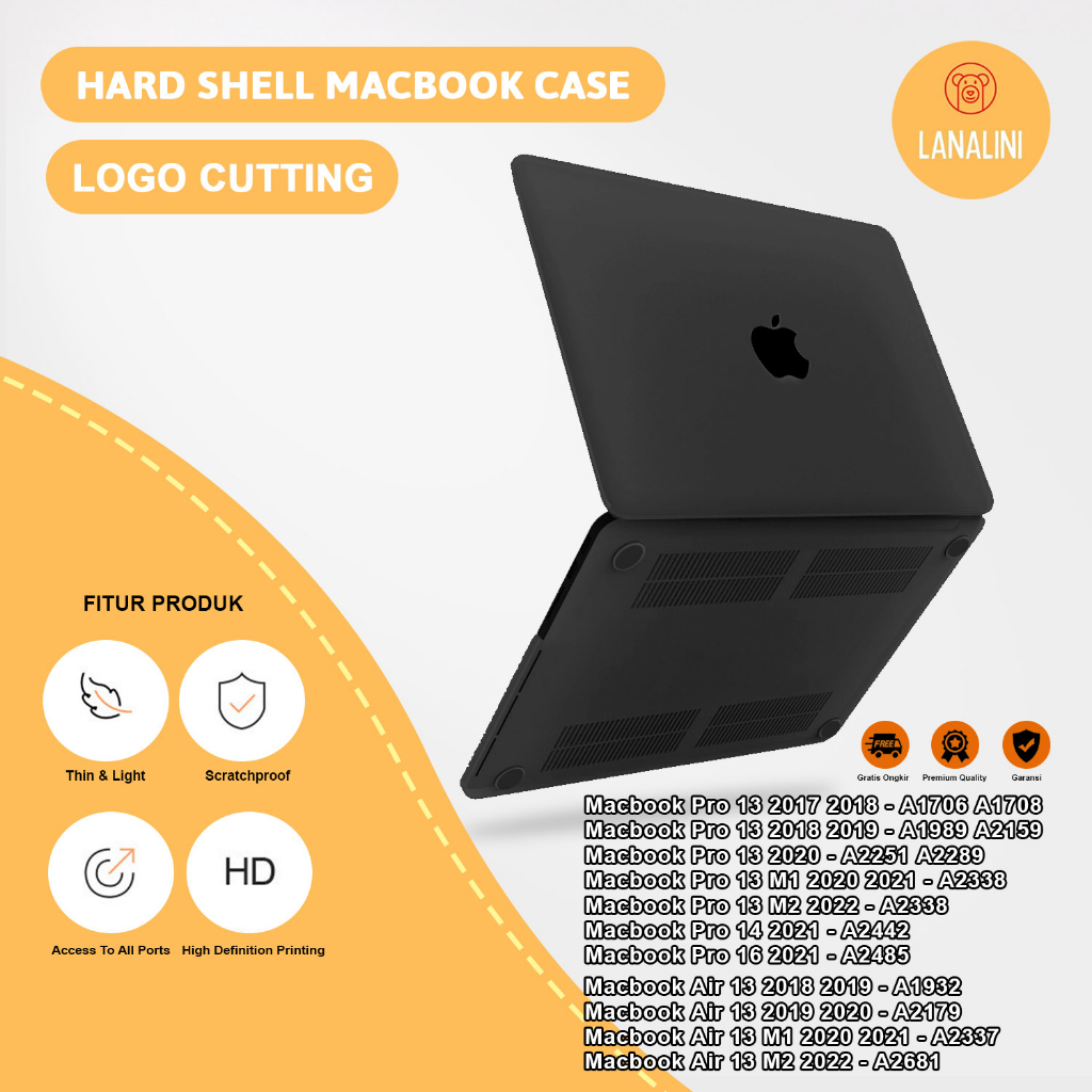 Case Casing Protective Aksesoris Pelindung Laptop Macbook Air Pro 13 Inch M1 M2 2017 2018 2019 2020 2021 A1932 A2179 A2337 A1706 A1708 A1989 A2159 A2251 A2289 A2338 A2681 Motif Polos Warna Hitam Black Premium Hardcase Hard Case Matte Logo Lubang Tampak