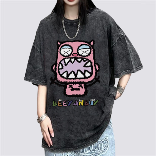 XIAOZHAINV Korean Style Kartun Monster Kecil Pattern Washed Printing Kaos Wanita A0918/Atasan Wanita Terbaru