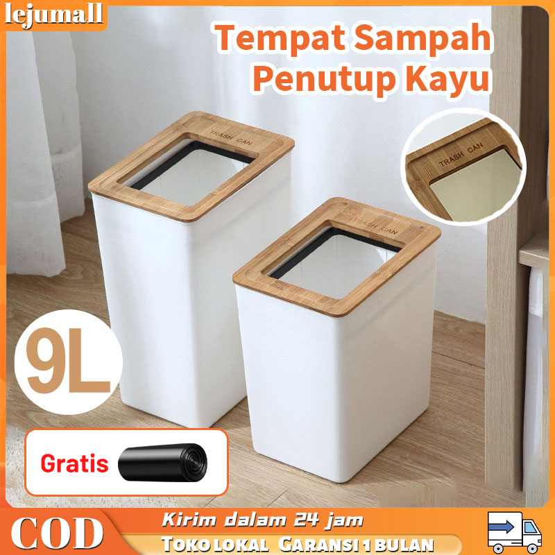 Tempat Sampah Putih Minimalis dengan Tutup Kayu Trash Bin - Tempat Sampah Aesthetic Estetik White Wooden