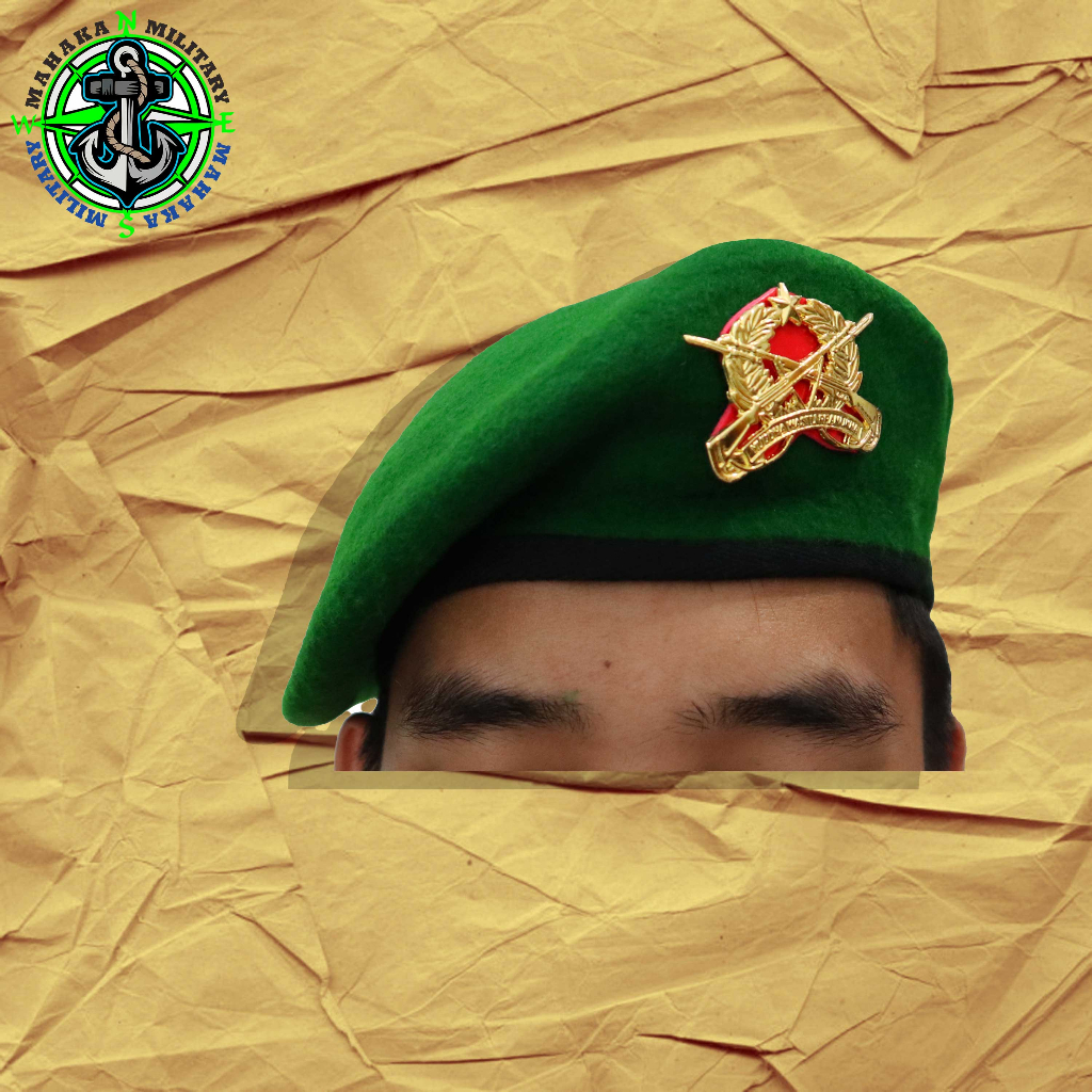 baret infanteri hijau / baret infantri merk camel + emblem satu set premium